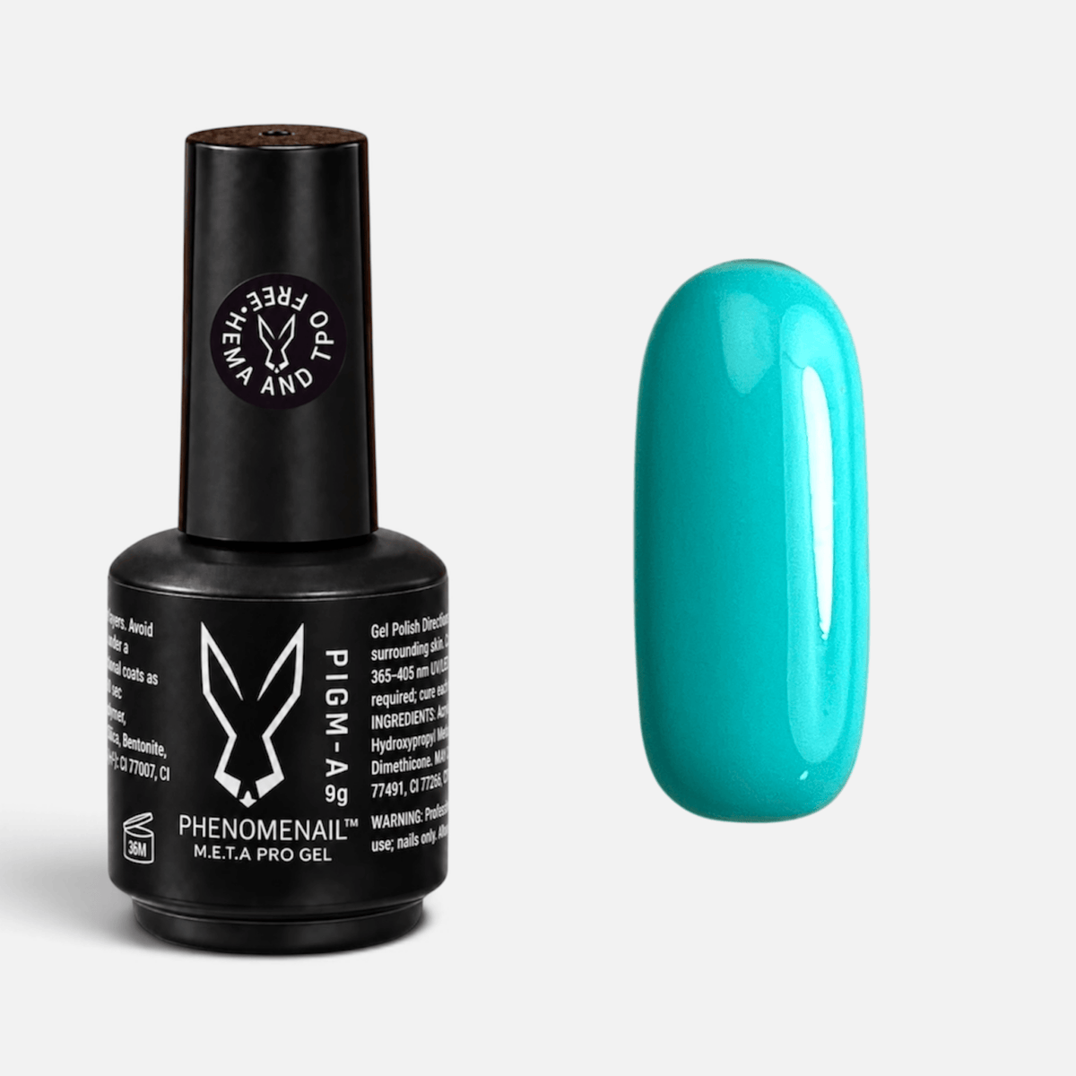 Levi bright-turquoise Phenomenail™ M.E.T.A Pro PIGM-A Gel Polish bottle with matching colour swatch