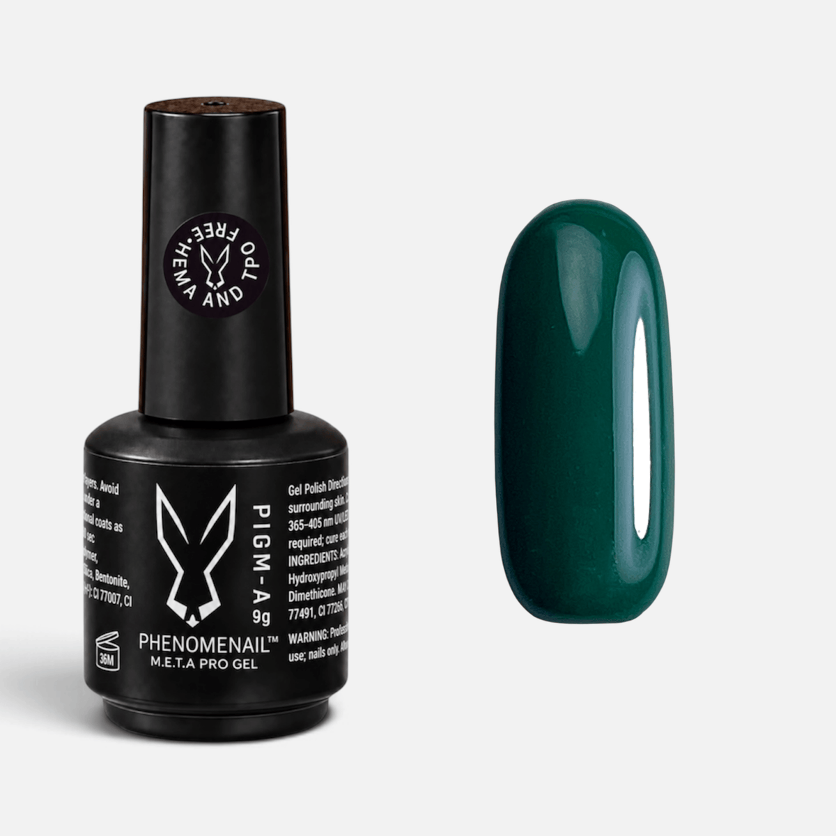 Valefor emerald-green Phenomenail™ M.E.T.A Pro PIGM-A Gel Polish bottle with matching colour swatch