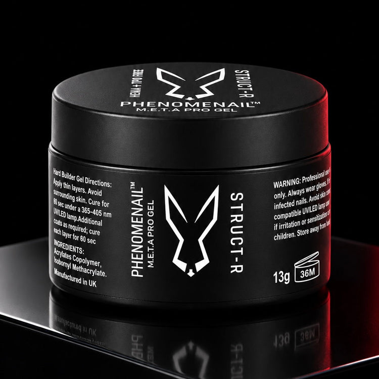 Black jar featuring STRUCT-R Hard Gel from Phenomenail M.E.T.A. Pro Gel System
