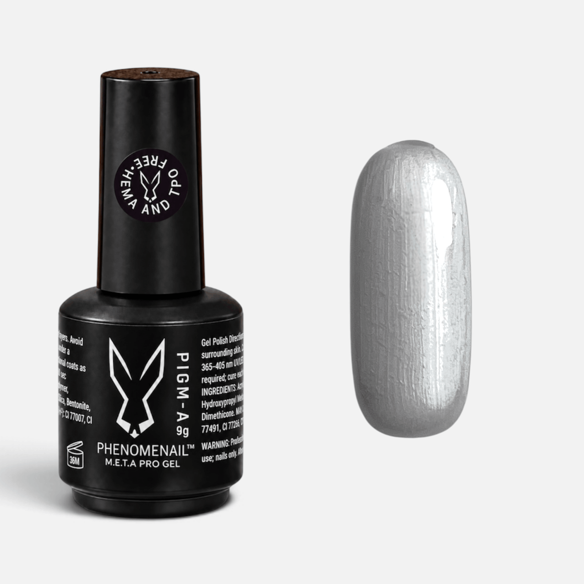 A bottle of Phenomenal PIG-M-A gel nail polish in a Astral  silver shade, shown next to a glossy oval nail swatch on a light gray background.