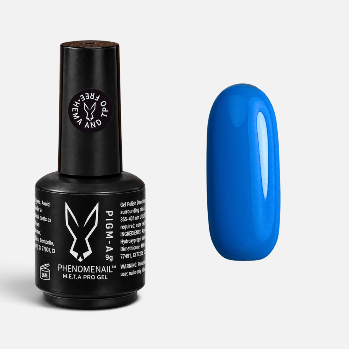 Phenomenail™ M.E.T.A Pro PIGM-A Gel Polish in Blue Screened, highly pigmented opaque bright-blue gel polish, shown with matching swatch.
