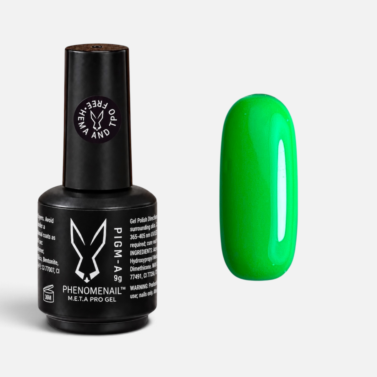 Buggin neon-green Phenomenail™ M.E.T.A Pro PIGM-A Gel Polish bottle with matching colour swatch