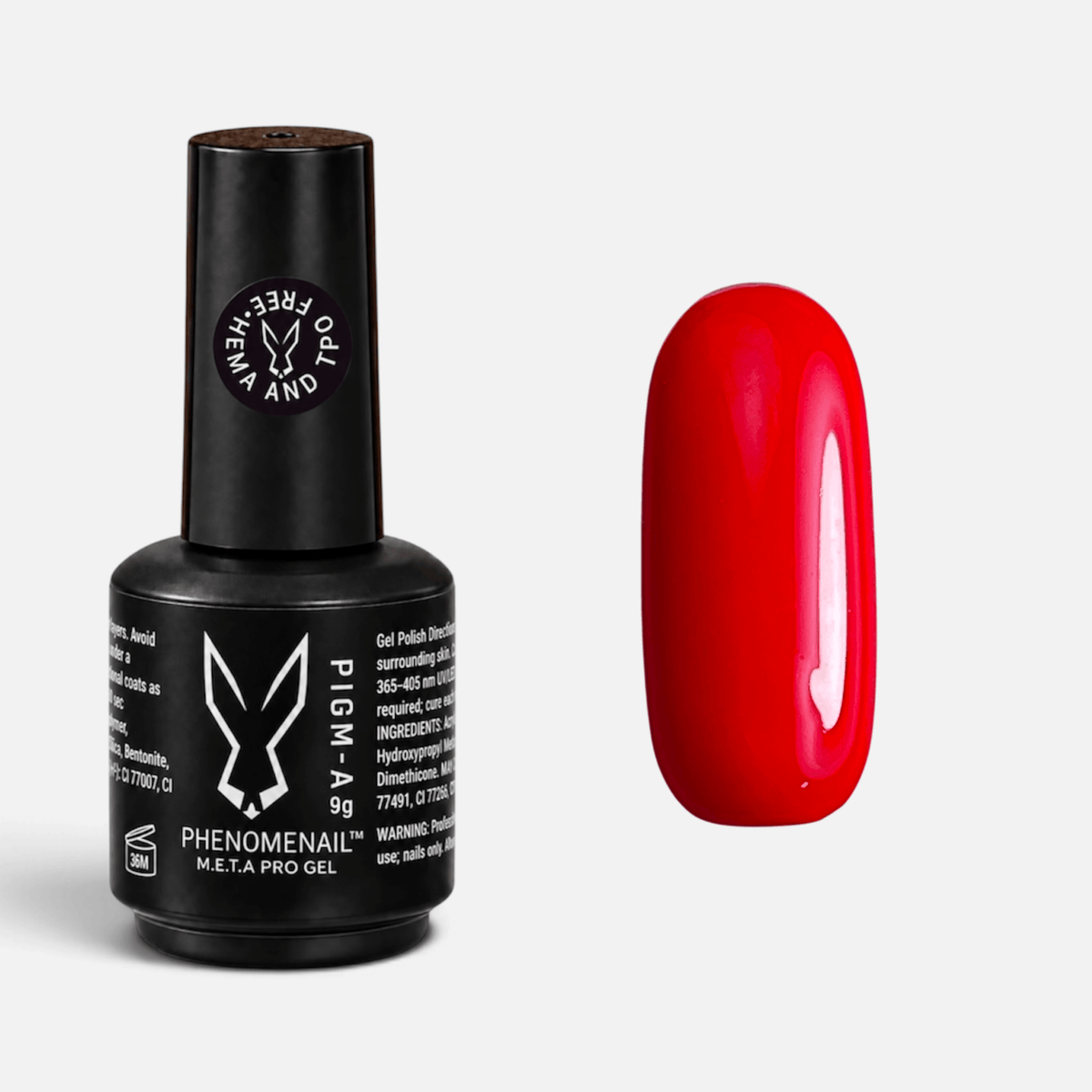 Caroline bright cherry-red Phenomenail™ M.E.T.A Pro PIGM-A Gel Polish with colour swatch