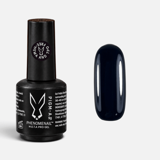 A bottle of Phenomenail™ M.E.T.A Pro Chance black gel polish shown next to a matching gloss black nail swatch on a light background.