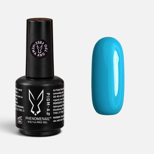 Chill Pill neon blue Phenomenail™ M.E.T.A Pro PIGM-A Gel Polish bottle with matching colour swatch
