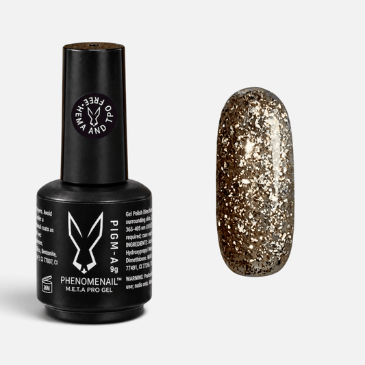 Countdown by Phenomenail™ M.E.T.A Pro, professional gold glitter gel polish bottle and matching golden swatch.
