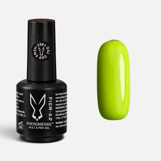 Da'Bomb neon yellow Phenomenail™ M.E.T.A Pro PIGM-A Gel Polish bottle with matching colour swatch
