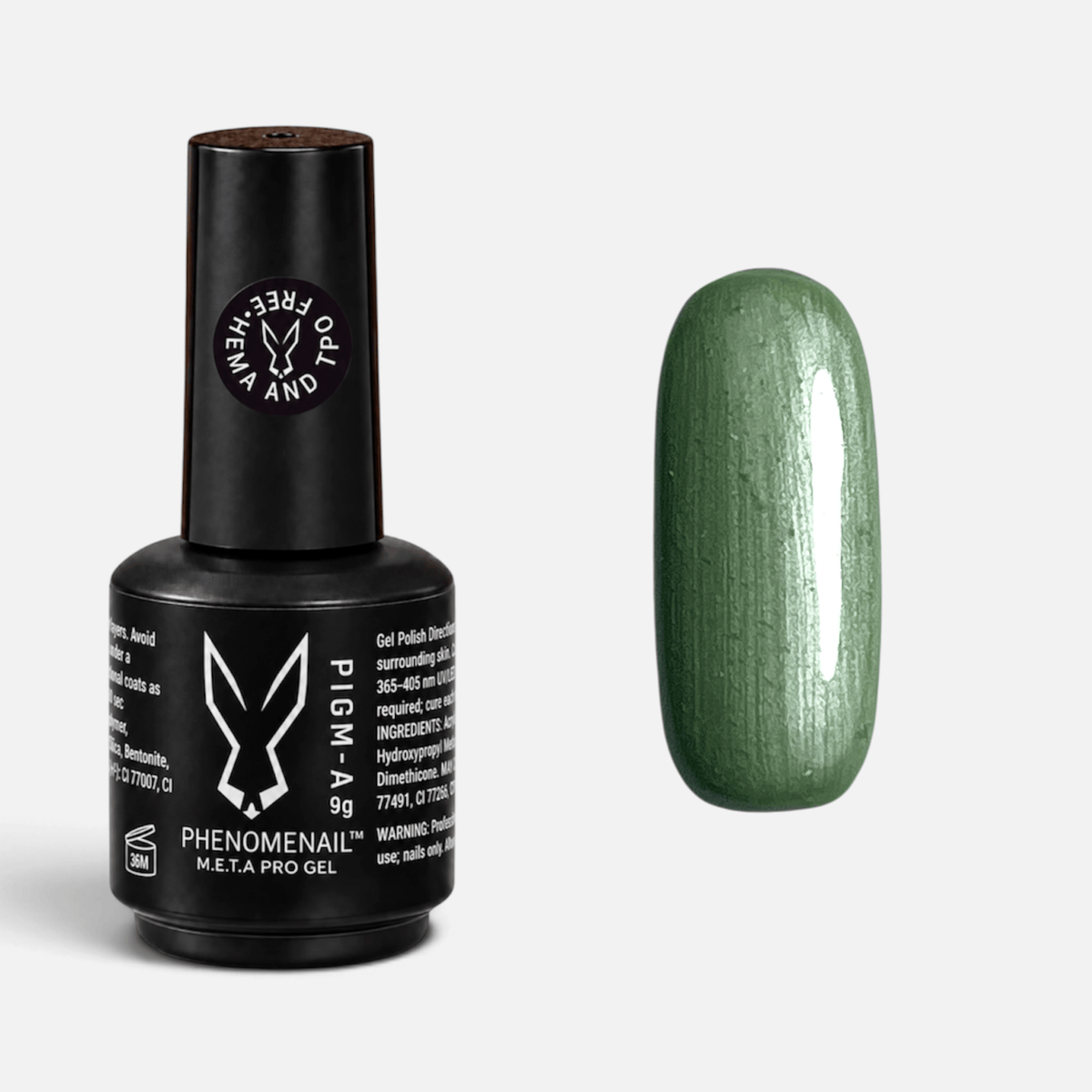 Desert Sage by Phenomenail™ M.E.T.A Pro, professional sage-green metallic pearl gel polish bottle and colour swatch.