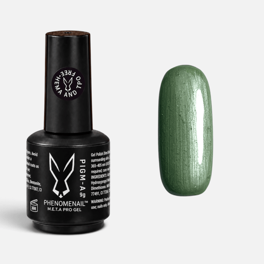 Desert Sage by Phenomenail™ M.E.T.A Pro, professional sage-green metallic pearl gel polish bottle and colour swatch.