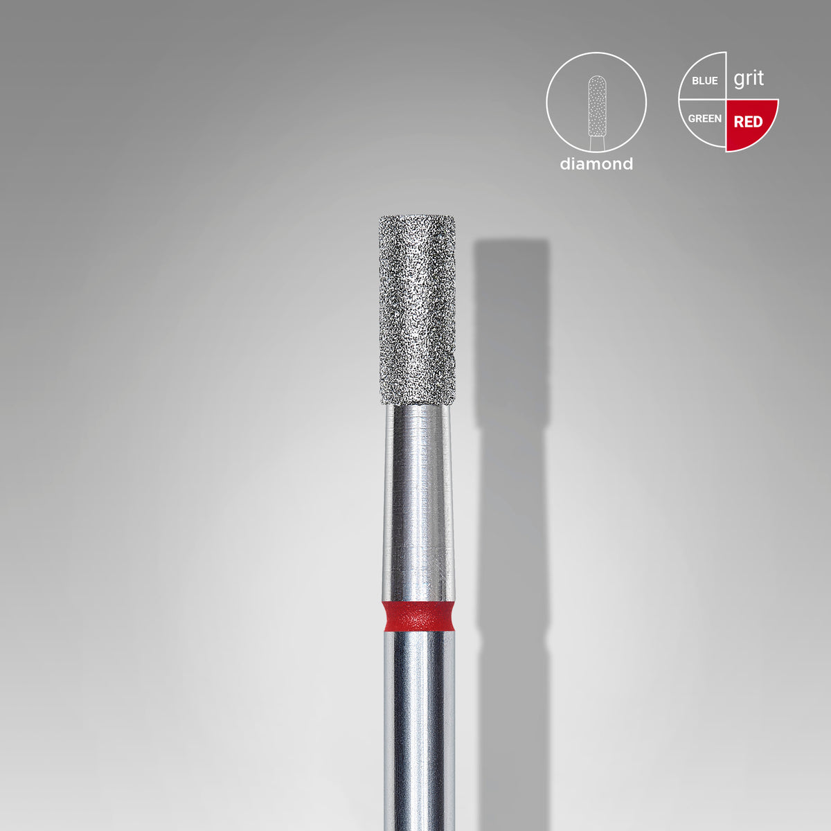 close up image Staleks Pro Diamond Cylinder Nail Drill Bit 2.5mm Red Fine, stainless steel diamond coating 