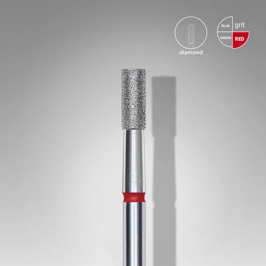 close up image Staleks Pro Diamond Cylinder Nail Drill Bit 2.5mm Red Fine, stainless steel diamond coating 
