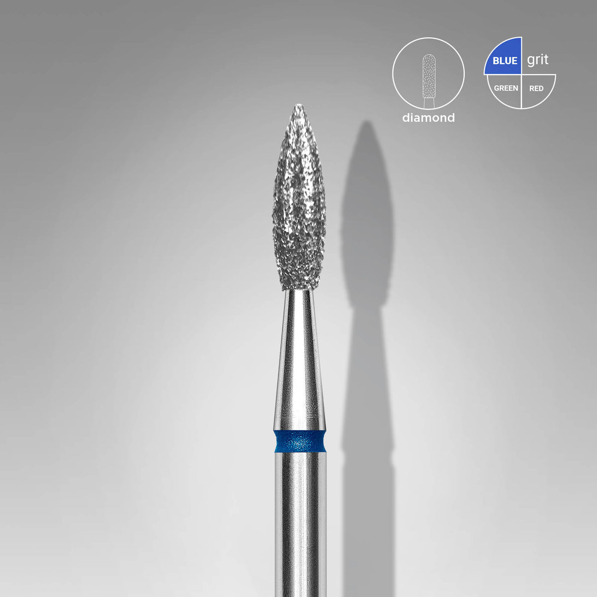 A close-up studio shot of a metallic rotary burr bit with a textured diamond-coated tip, shown against a neutral gray gradient background with a blue accent band near the shank. Two small informational graphics appear in the top right: a circular diagram labeled 'diamond' and a blue & /red grit indicator.