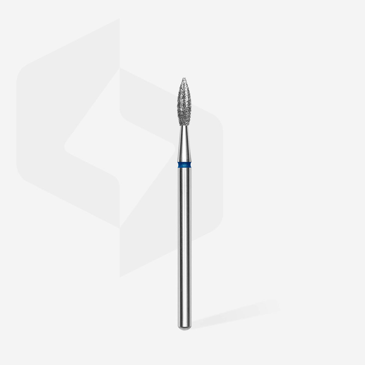 Full image studio shot of a metallic rotary burr bit with a textured diamond-coated tip, shown against a neutral gray gradient background with a blue accent band near the shank. Two small informational graphics appear in the top right: a circular diagram labeled 'diamond' and a blue & /red grit indicator.