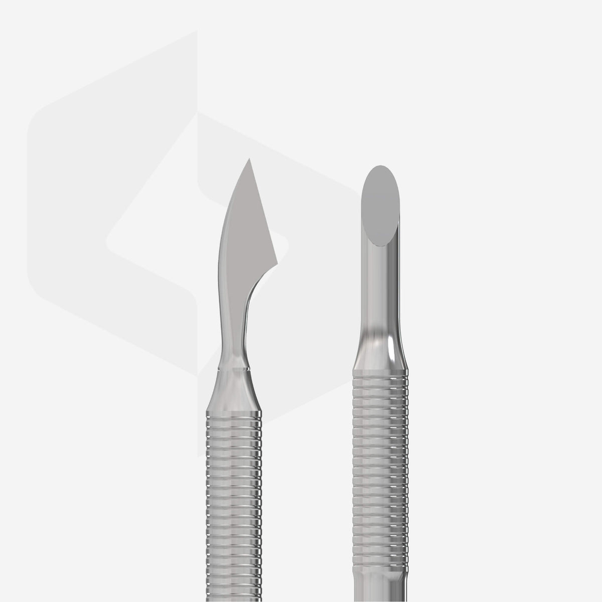 close up detailed image of both ends of Staleks Pro Cuticle Pusher EXPERT 90 Type 3 Stainless Steel.