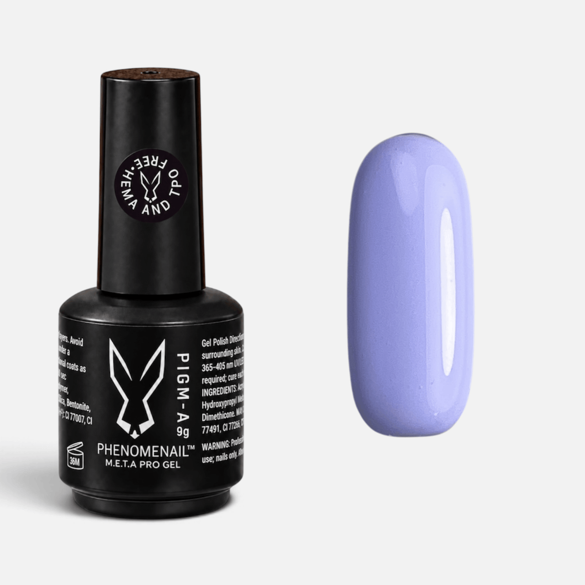 Phenomenail™ M.E.T.A Pro PIGM-A professional gel polish in Feline Fury, a highly pigmented opaque pastel lilac shade
