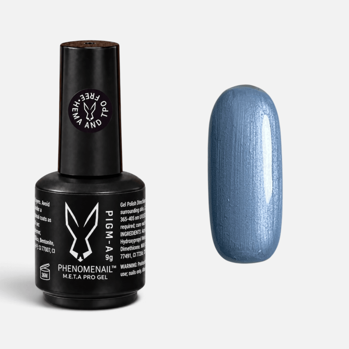Phenomenail™ M.E.T.A Pro PIGM-A Gel Polish in Glacier, silvery-blue gel polish with a metallic pearl finish, shown with matching swatch.