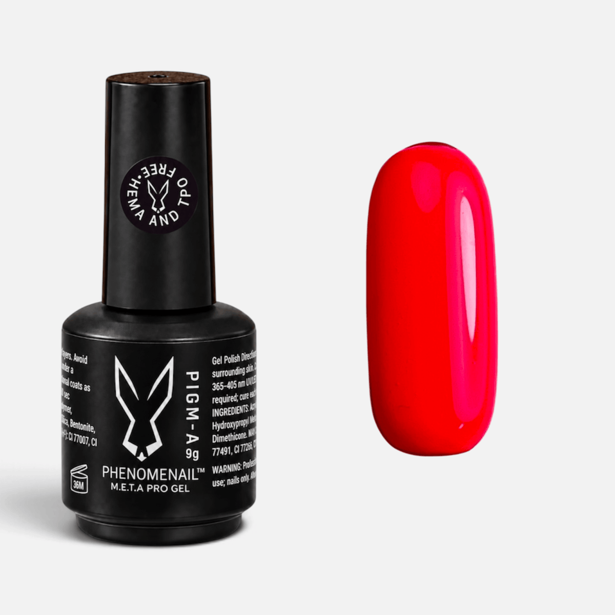 Glitch neon-coral Phenomenail™ M.E.T.A Pro PIGM-A Gel Polish bottle with matching colour swatch
