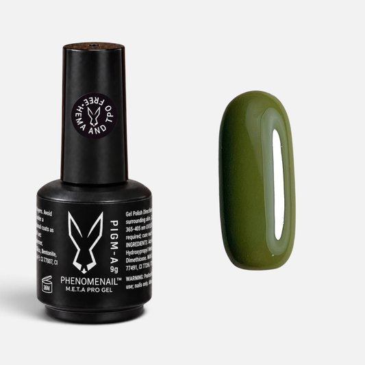 GOBLIN khaki-green Phenomenail™ M.E.T.A Pro PIGM-A Gel Polish bottle with matching colour swatch
