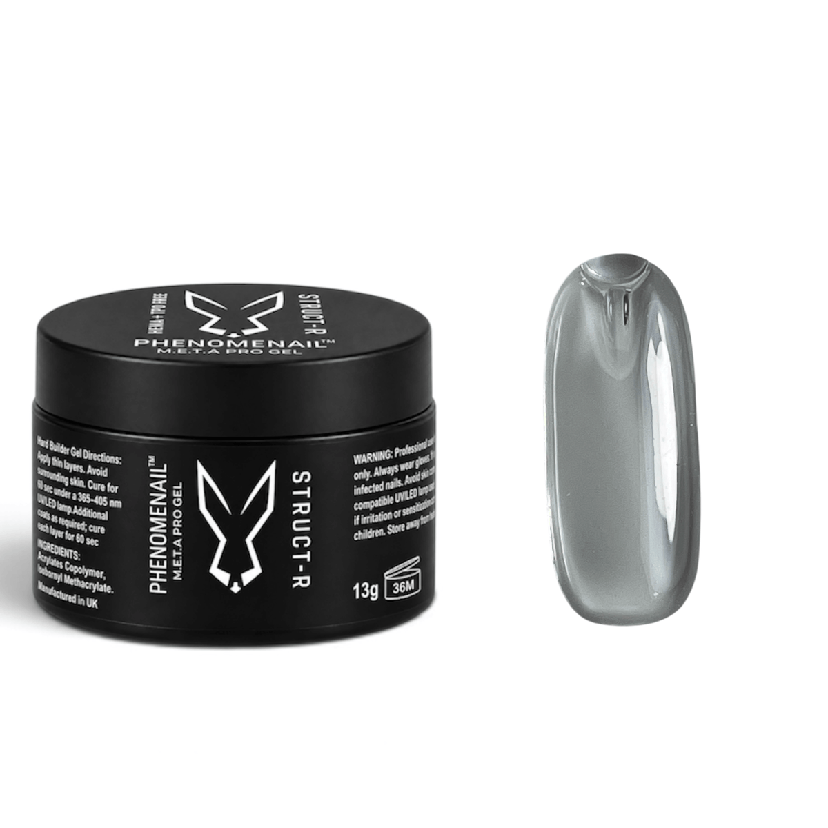 Phenomenail™ M.E.T.A Pro STRUCT-R Gossamer crystal-clear hard builder gel jar with matching clear swatch.