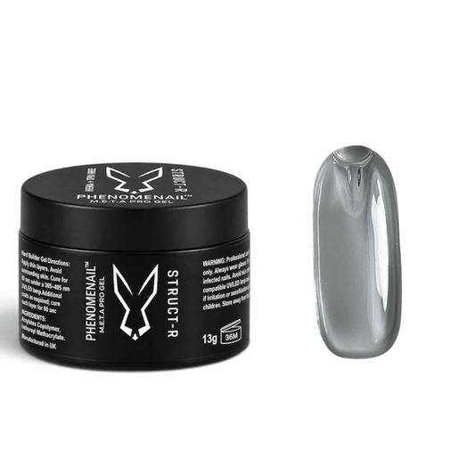 Phenomenail™ M.E.T.A Pro STRUCT-R Gossamer crystal-clear hard builder gel jar with matching clear swatch.
