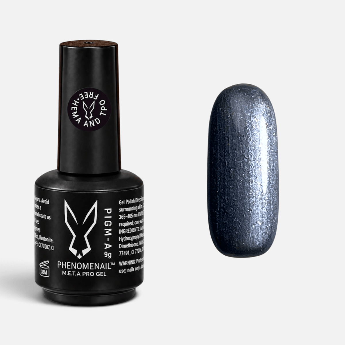 Phenomenail™ M.E.T.A Pro PIGM-A Gel Polish in Gunmetal, deep metallic silver gel polish with shimmer and a pearl finish, shown with matching swatch.