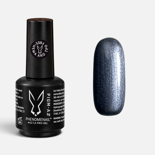 Phenomenail™ M.E.T.A Pro PIGM-A Gel Polish in Gunmetal, deep metallic silver gel polish with shimmer and a pearl finish, shown with matching swatch.