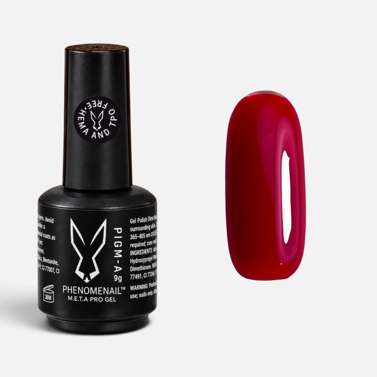 Health Potion russet-red Phenomenail™ M.E.T.A Pro PIGM-A Gel Polish bottle with matching colour swatch
