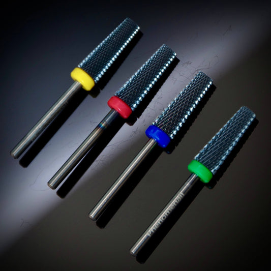 Display image of the 4 grits of Phenomenail® precision 5-in-1 Carbide nail drill bit 5mm. X-FINE, FINE, MEDIUM, COARSE. 