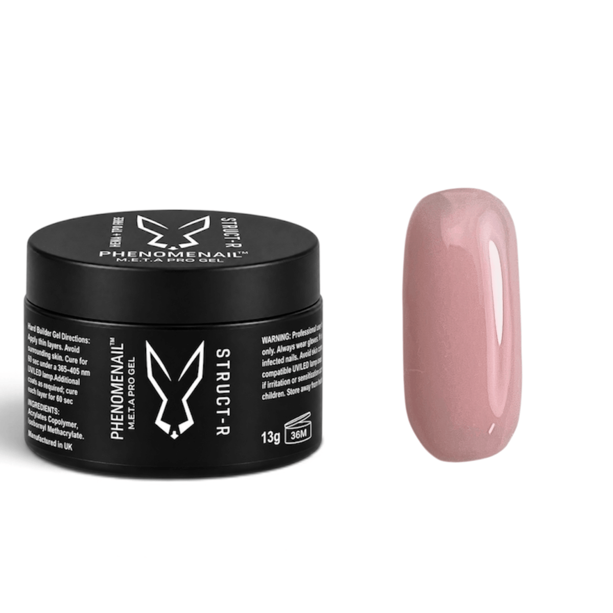 Phenomenail™ M.E.T.A Pro STRUCT-R Hard Builder Gel in Incognito, full-coverage natural nude with subtle pink undertones, shown with matching color swatch.