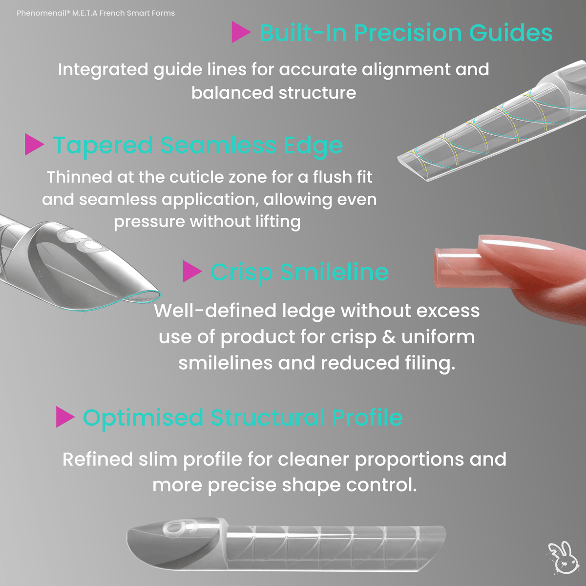 Phenomenail® M.E.T.A. French Smart Nail Forms 240-Piece 15 Sizes infographic, benefits and features, Built-in precision guides, tapered seamless edge, crisp smileline, Optimised structural profile 