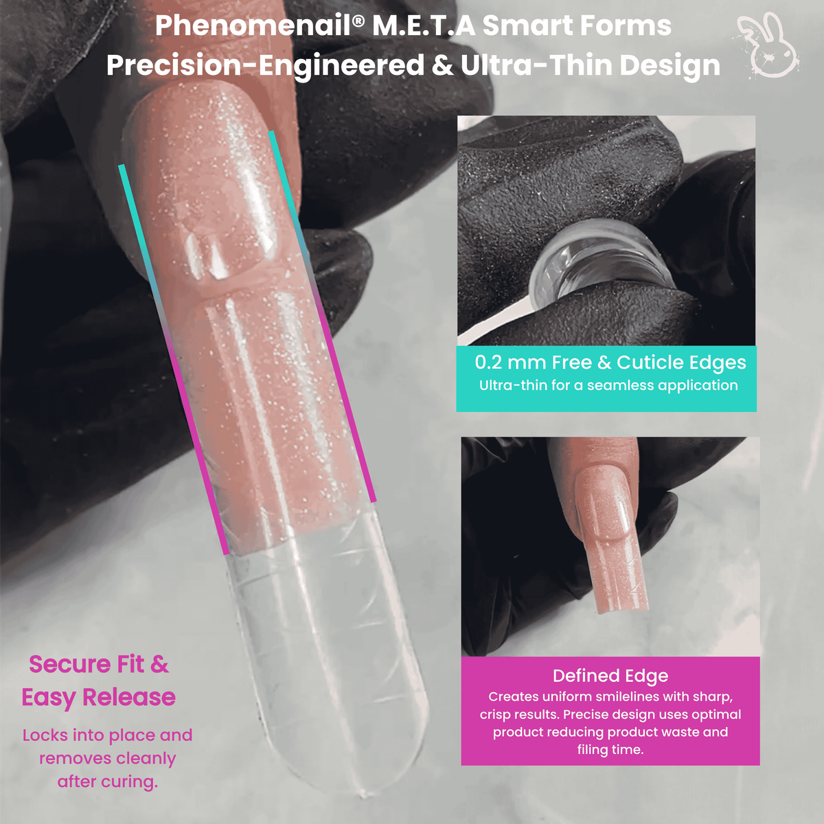 Phenomenail® M.E.T.A. French Smart Nail Forms 240-Piece 15 Sizes infographic, Precision-Engineered and ultra-thin Design 