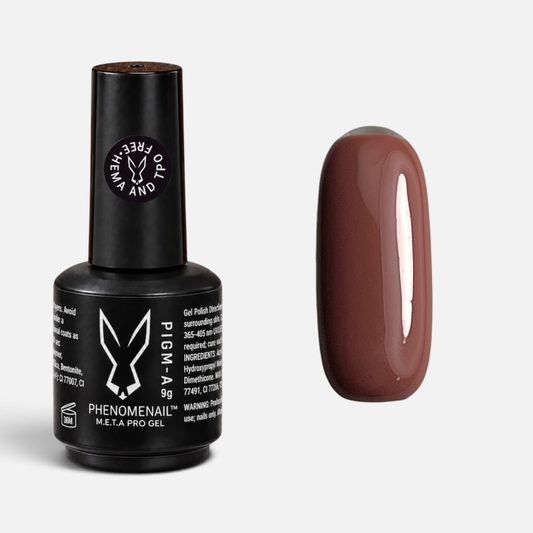 Leather Armor chocolate-brown Phenomenail™ M.E.T.A Pro PIGM-A Gel Polish bottle with matching colour swatch
