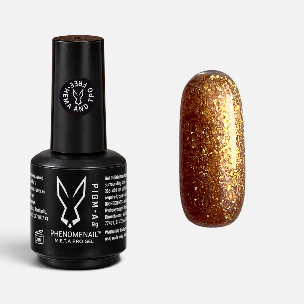 Legendary Drop deep golden glitter Phenomenail™ M.E.T.A Pro PIGM-A Gel Polish bottle with matching glitter swatch
