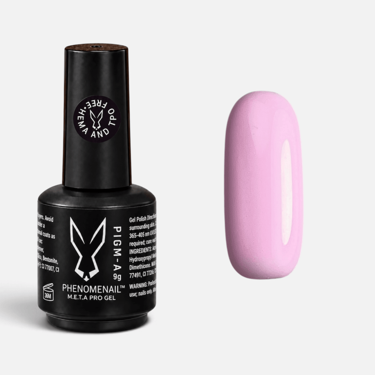 Luck Dragon soft pastel pink Phenomenail™ M.E.T.A Pro PIGM-A Gel Polish bottle with matching colour swatch