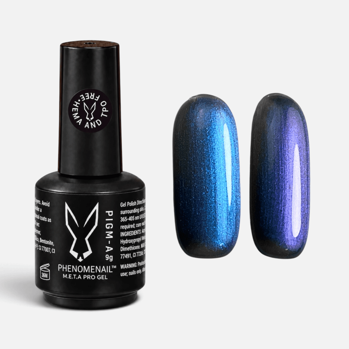 Phenomenail™ M.E.T.A Pro PIGM-A Gel Polish in Lantana, colour-shifting sapphire-to-lilac gel polish with shimmer and a metallic pearl finish, shown with matching swatch.