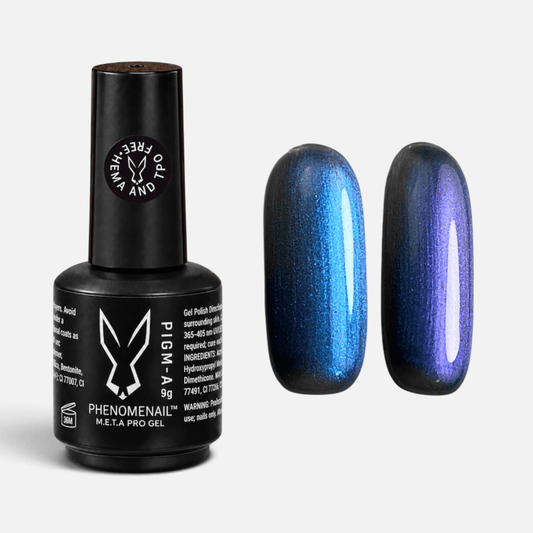 Phenomenail™ M.E.T.A Pro PIGM-A Gel Polish in Lantana, colour-shifting sapphire-to-lilac gel polish with shimmer and a metallic pearl finish, shown with matching swatch.