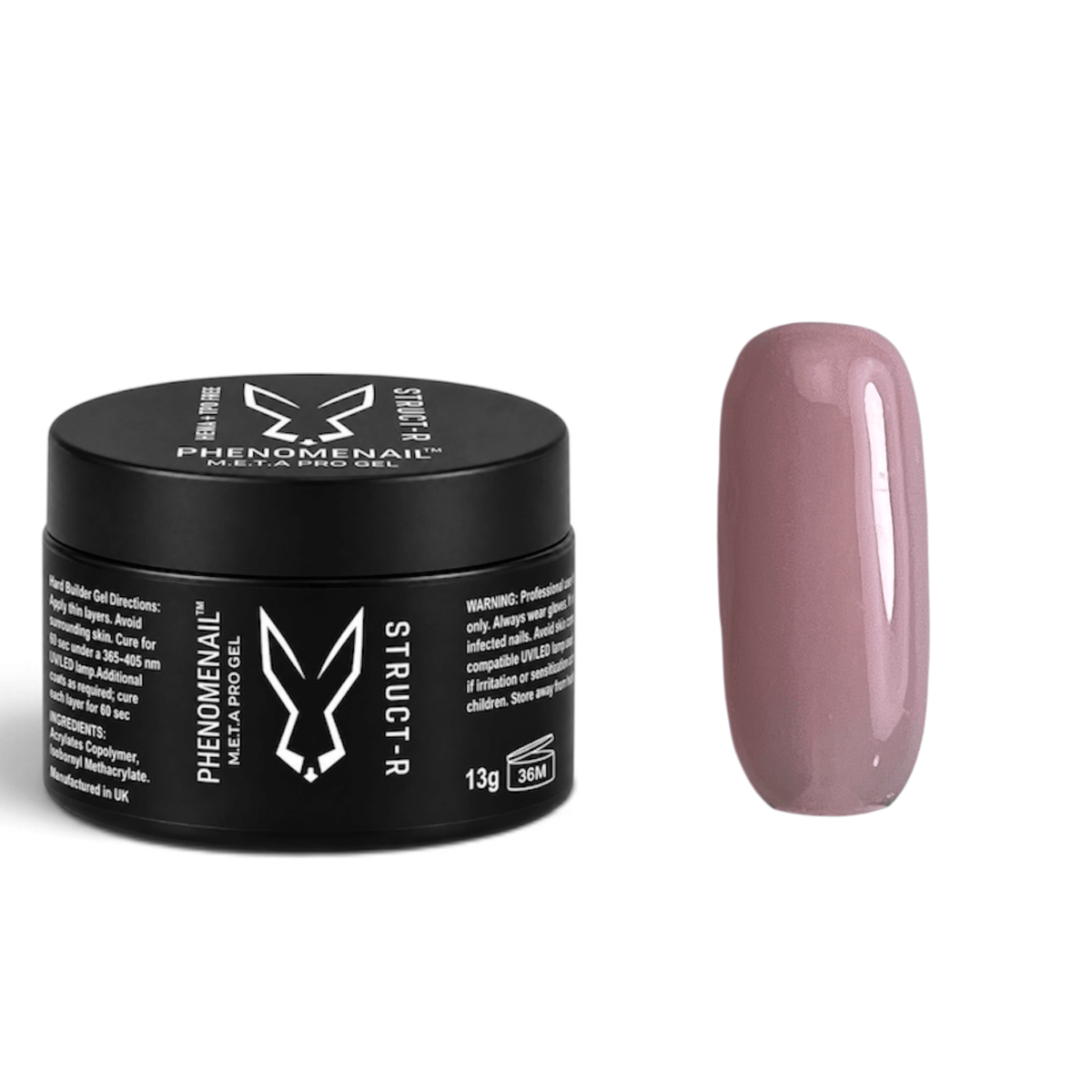 Phenomenail™ M.E.T.A Pro STRUCT-R Hard Builder Gel in Masquerade, full-coverage dusky nude with neutral undertones, shown with matching color swatch.