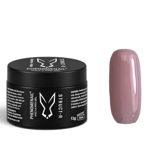 Phenomenail™ M.E.T.A Pro STRUCT-R Hard Builder Gel in Masquerade, full-coverage dusky nude with neutral undertones, shown with matching color swatch.