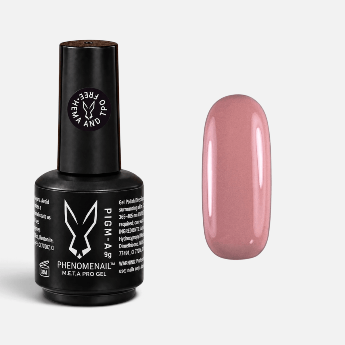 A bottle of Phenomenal Gel nail polish in a dusty pink shade, shown next to a glossy oval nail swatch on a light gray background.