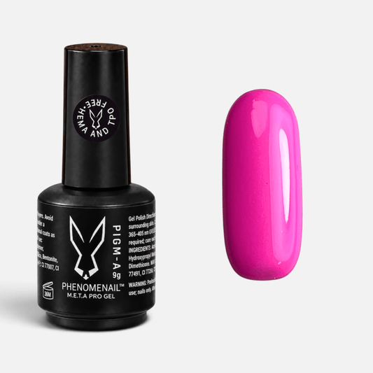 Nuka hot-pink Phenomenail™ M.E.T.A Pro PIGM-A Gel Polish bottle with matching colour swatch