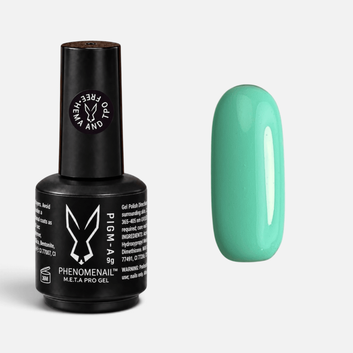 Phenomenail™ M.E.T.A Pro PIGM-A professional gel polish in Pizza Party, a highly pigmented opaque pastel mint shade
