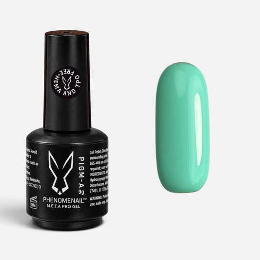 Phenomenail™ M.E.T.A Pro PIGM-A professional gel polish in Pizza Party, a highly pigmented opaque pastel mint shade
