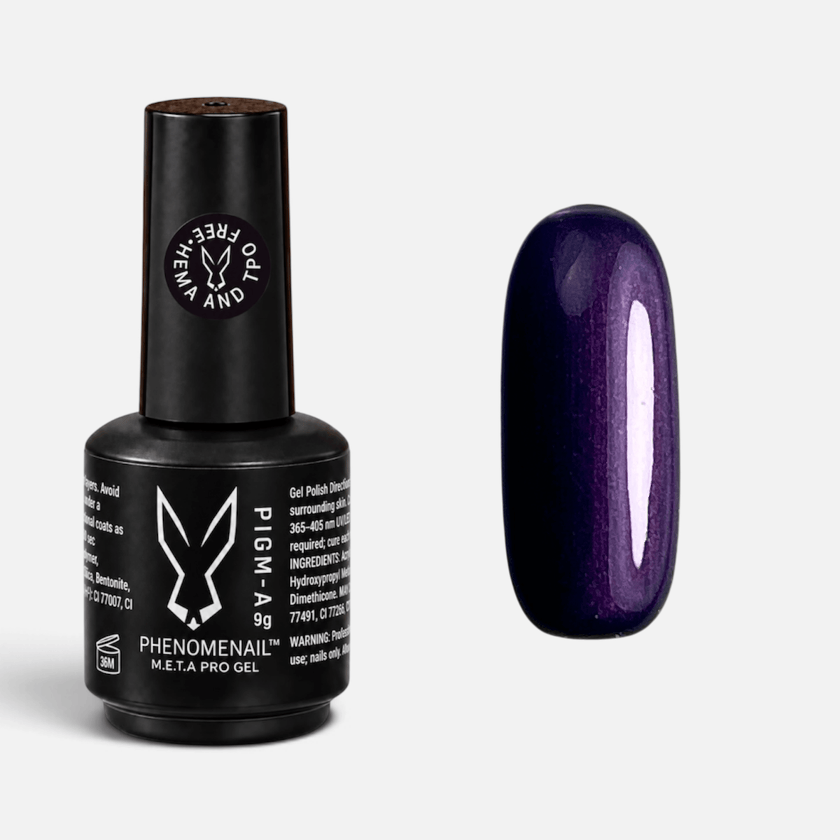 Phenomenail™ M.E.T.A Pro PIGM-A Gel Polish in Plum Crazy, deep plum-purple gel polish with shimmer and a metallic pearl finish, shown with matching swatch.