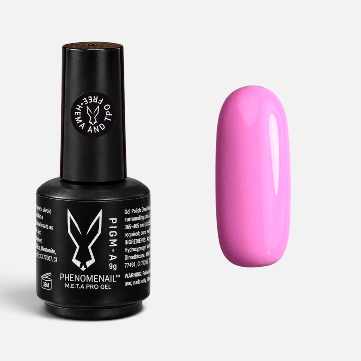 Pony Parade bright-pink Phenomenail™ M.E.T.A Pro PIGM-A Gel Polish bottle with matching colour swatch