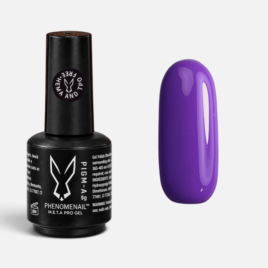 Pwned violet-purple Phenomenail™ M.E.T.A Pro PIGM-A Gel Polish bottle alongside its matching colour swatch
