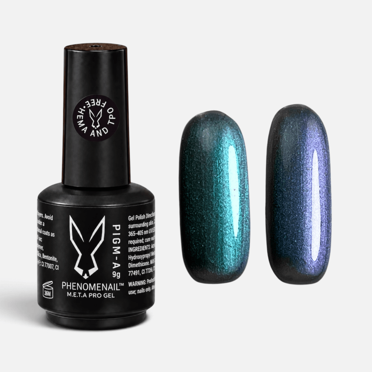 Phenomenail™ M.E.T.A Pro PIGM-A Gel Polish in Petrol, colour-shifting emerald-to-violet gel polish with shimmer and a metallic pearl finish, shown with matching swatch.