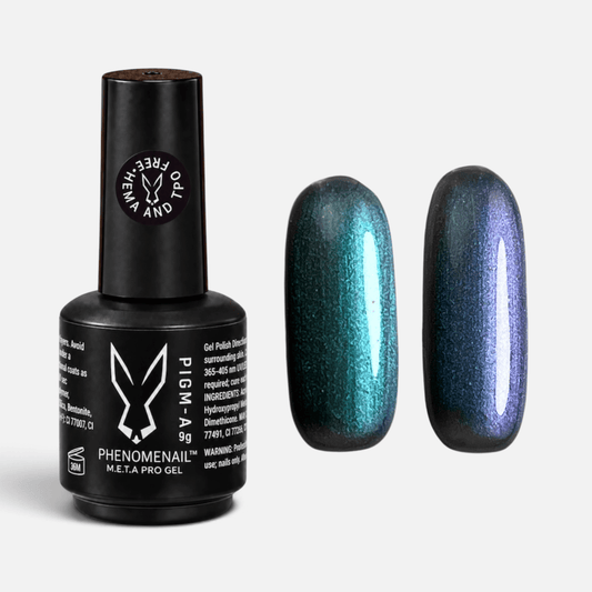 Phenomenail™ M.E.T.A Pro PIGM-A Gel Polish in Petrol, colour-shifting emerald-to-violet gel polish with shimmer and a metallic pearl finish, shown with matching swatch.
