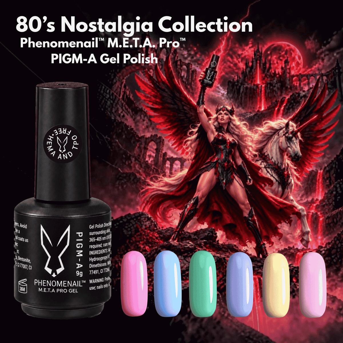 Phenomenal M.E.T.A PIGM-A Bottle and six pastel colour nail swatches overlaying artwork created by Phenomenail inspired by the 80s cartoon "She-Ra"
