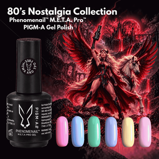 Phenomenal M.E.T.A PIGM-A Bottle and six pastel colour nail swatches overlaying artwork created by Phenomenail inspired by the 80s cartoon "She-Ra"