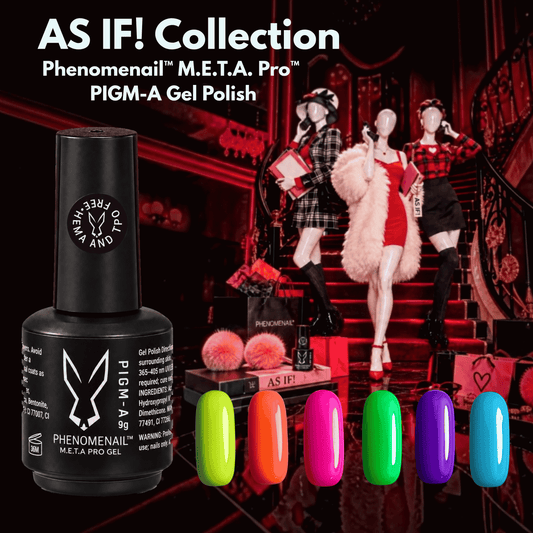 Phenomenail M.E.T.A Pro PIGM-A Bittle and six neon gel polish swatches overlaying a Phenomenail created artwork inspired by the movie "Clueless"